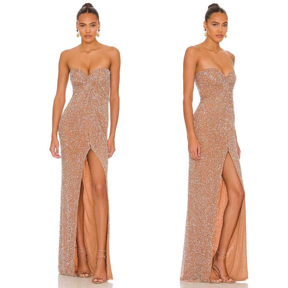 NEW retrofete Evie Dress Silver & Nude Tan Strapless Sequin Maxi Gown XS XSmall